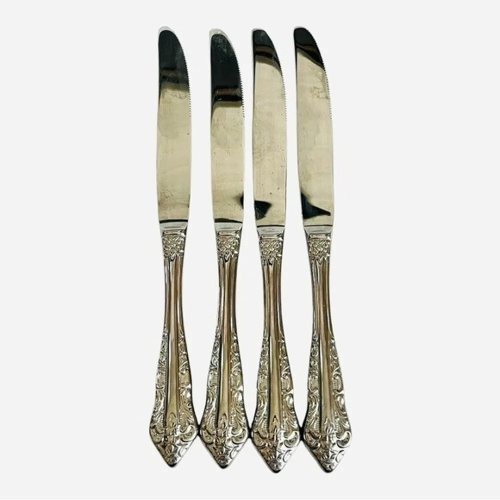Wallace Antique Baroque Stainless Steel Dinner Knives Set of 4 Made in Indonesia
